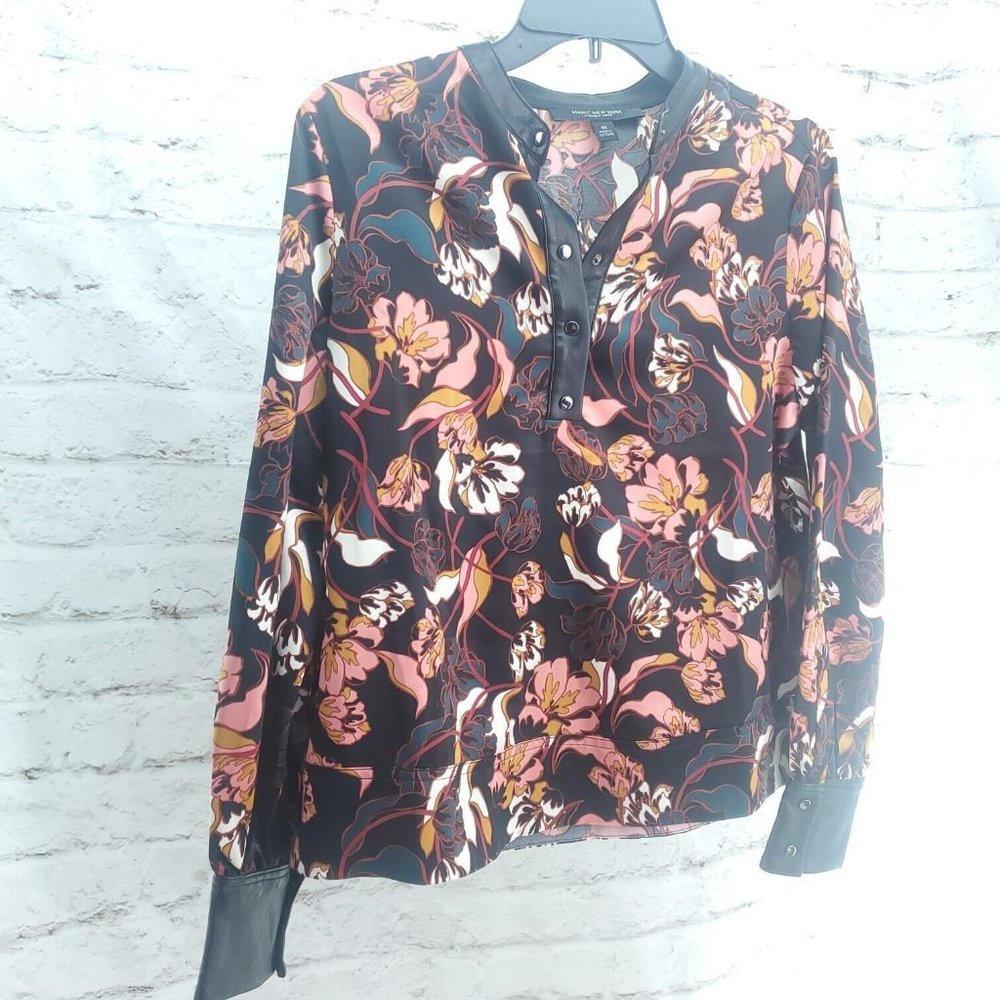 Marc New York Womens Black Floral Leather Trim Long Sleeve Blouse Top Size XS